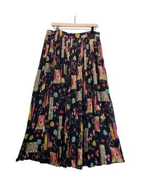 Boho Maxi Skirt Black Tropical Print 16W White Stag Women's Plus Vtg 90s Crinkle